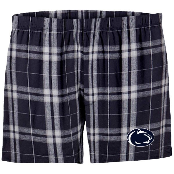 navy plaid flannel boxer shorts with Penn State Athletic Logo on left thigh